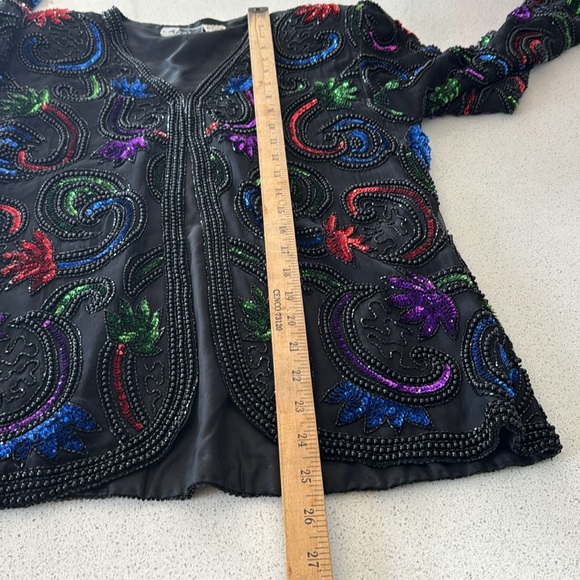 Vintage 80s Silk Sequin Beaded Long Sleeve ART DECO Jacket small India by Carina - Picture 10 of 15